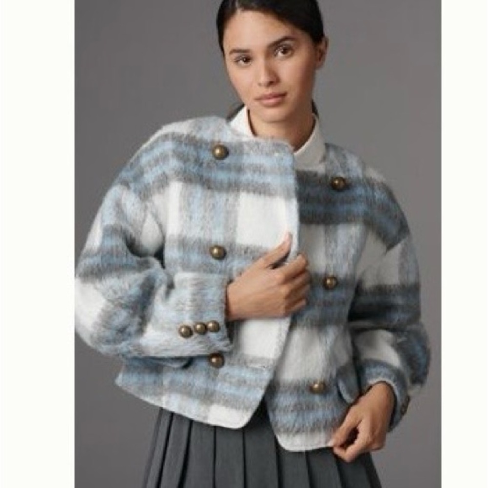 Anthropologie Blue and White Plaid Double-Breasted Wool Jacket